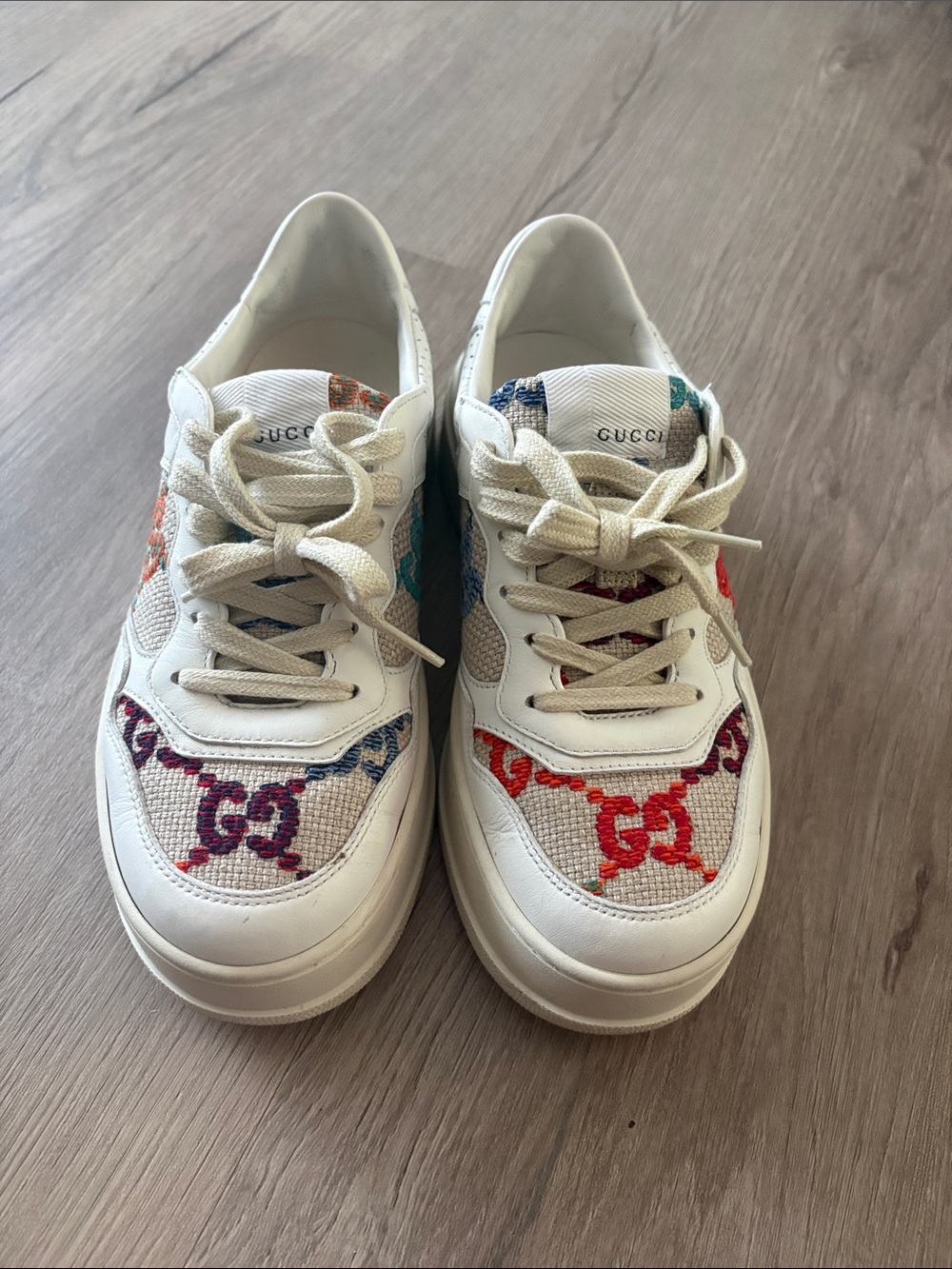 Gucci White Leather Sneakers with Multicolor GG Motif